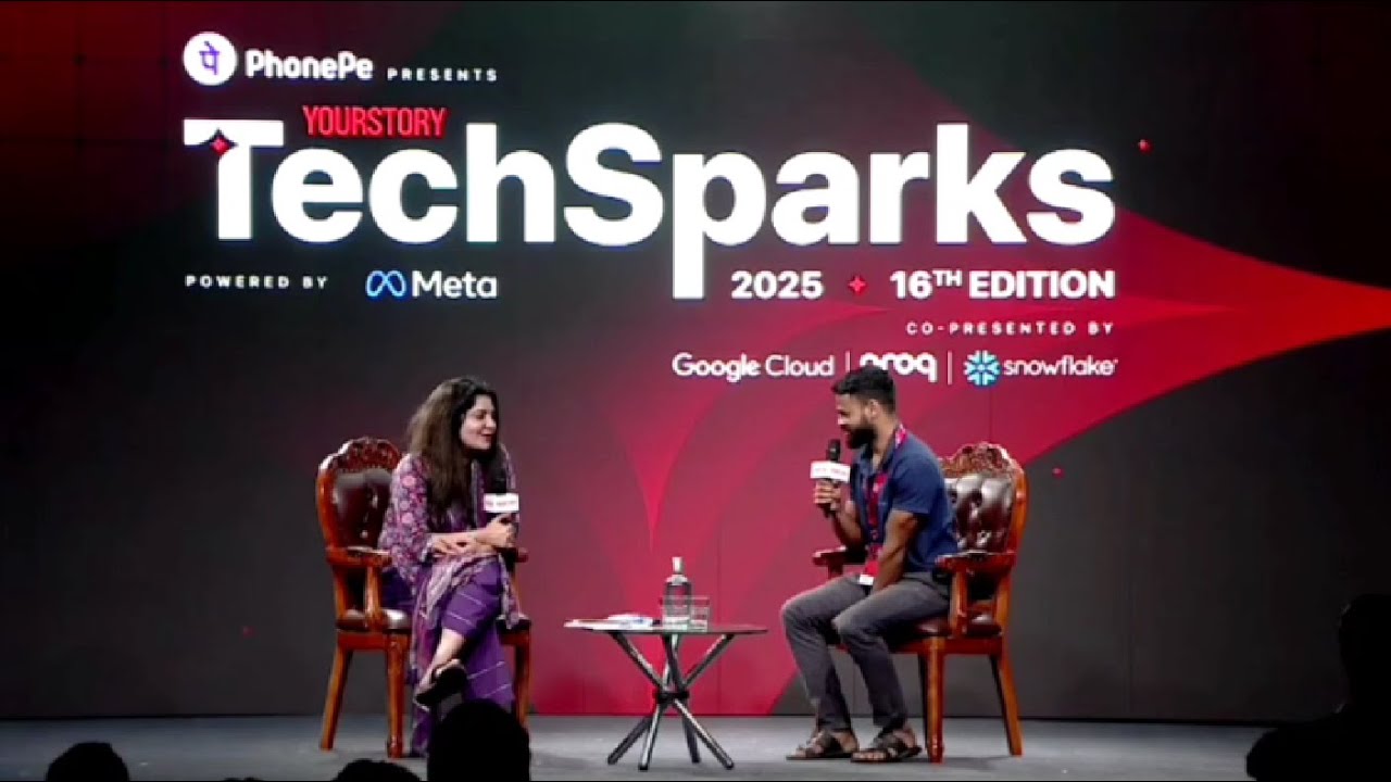 Ranjith Marakala pitching Bermer and Niyantha at TechSparks 2025 with Shradha Sharma